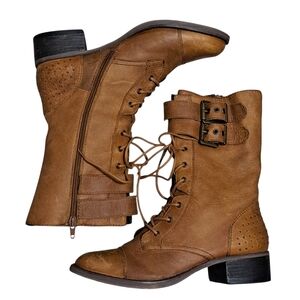 Steve Madden Lace Up Retro Buckle Military Combat Mid Calf Boots Sz 9 Dark Cuoio